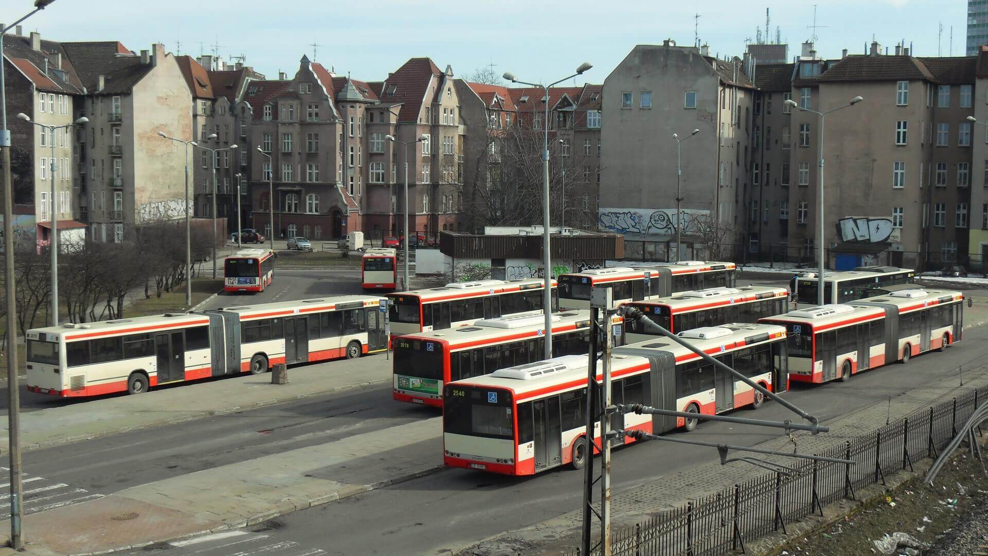 Open air bus garage.