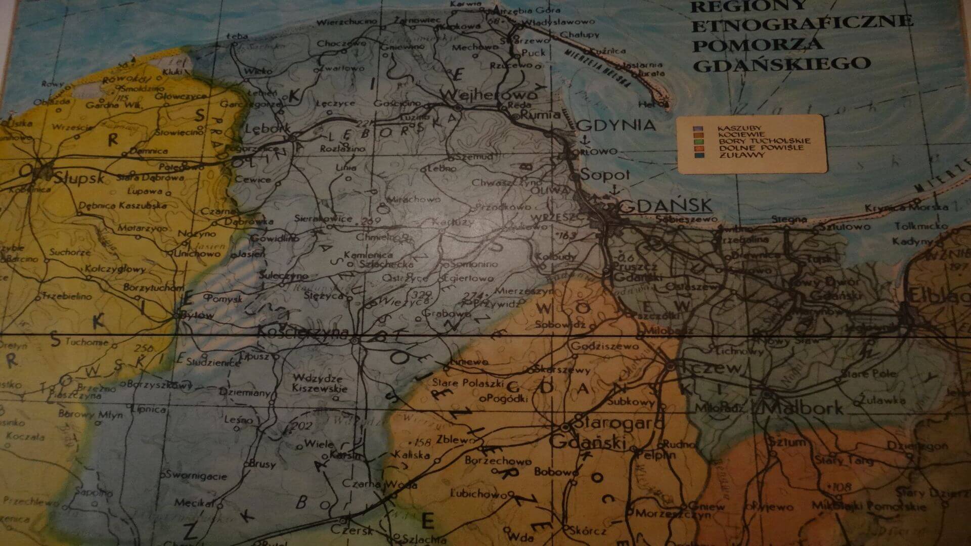 A map, shown at the entrance in the museum, depicts the borders between the regions in the Pomorska province of Poland. There still is discussing about the correct historical borders. Some say that Gdansk was the capital of the Kashubian region but this is disputed.